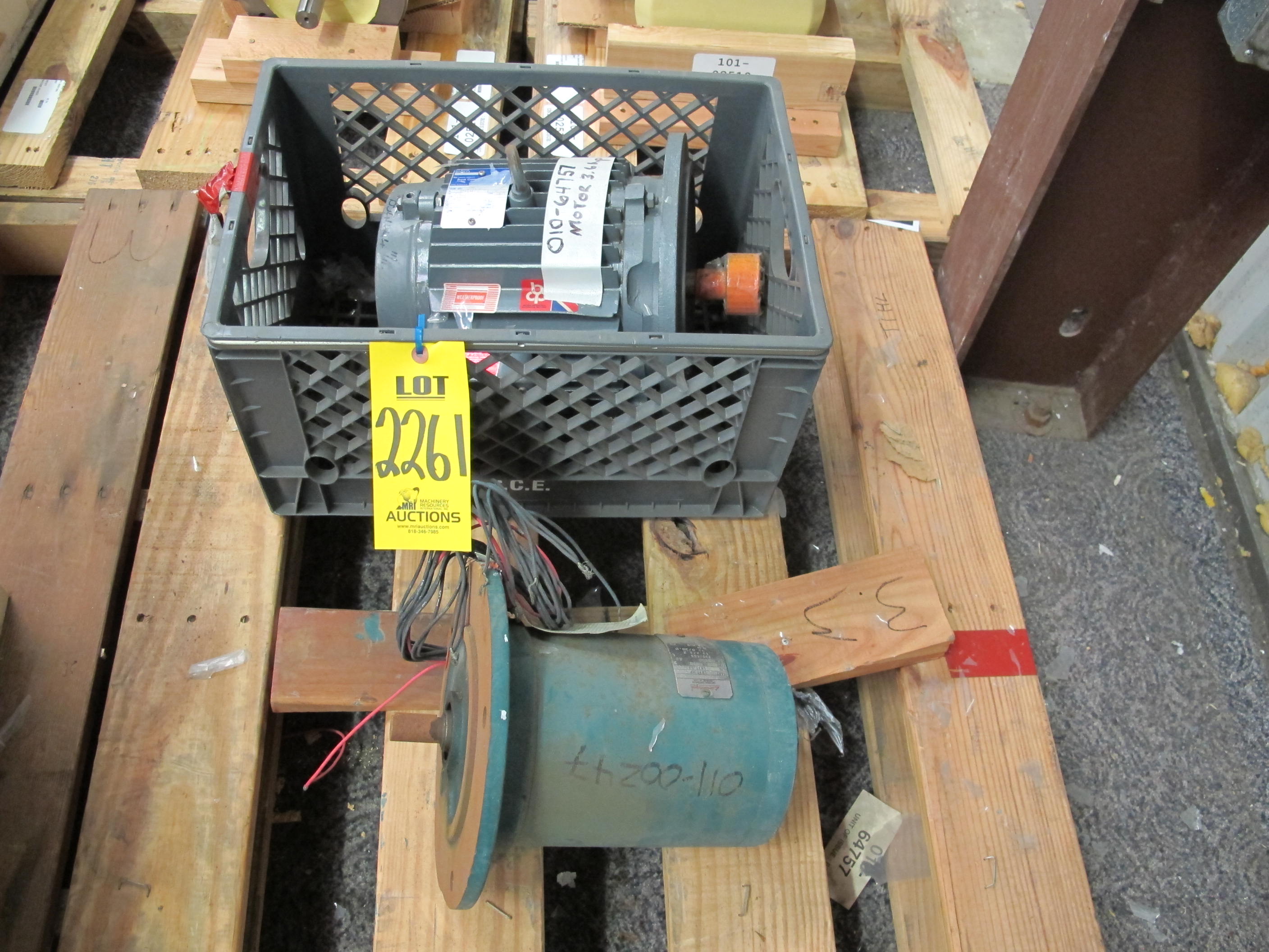 LOT (2) TO INCLUDE: (1) MOTOR, ELECTRIC TYPE, 3-3/5 HORSEPOWER, 460VAC 3 PHASE 60HZ ELEC RATING, 1150 RPM, DNV112NH FRAME, 6.5 AMPS, TENV ENCLOSURE, 30 MINUTE DUTY, 1-1/8" DIA SHAFT. FACE MOUNT, WITH 2-1/4" DIA PINION GEAR AND SLOT KEY, PART # 47457-306, (1) MOTOR, VALVE ACTUATOR TYPE, 3.3 HORSEPOWER, 230/460VAC 3 PHASE 60HZ ELEC RATING, 25 FT/LB START TORQUE, 3400 RPM, R56 FRAME, 5FT/LB RUN TORQUE, 10.4-5.2 AMPS, B INSULATION CLASS. 1.0 SERVICE FACTOR, 3/4" DIA SHAFT WITH SLOT KEY, 72-36A NEMA LOCKED ROTOR CODE "L", C FACE MOUNT, PART # ON-3A0343-A (W-44) LOADING & HANDLING FEE $15-